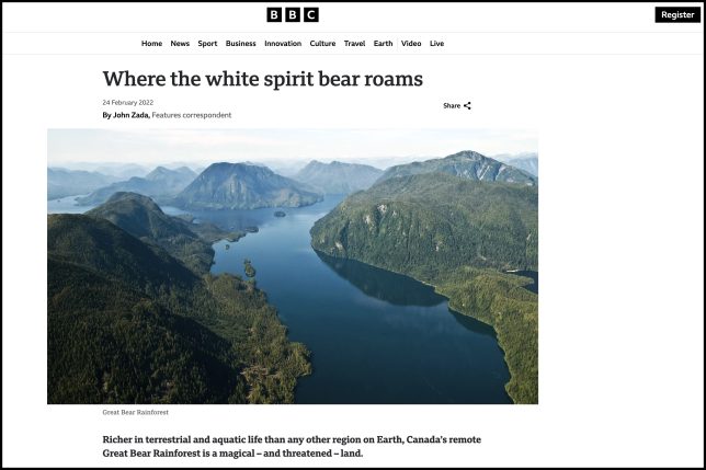 The BBC page showing John Zada's travel article, "Where the White Spirit Bear Roams."